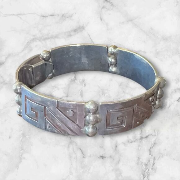 Mexico Sterling Silver Tribal Panel Link Bracelet – 7″ Ethnic Artisan Piece - Picture 1 of 4